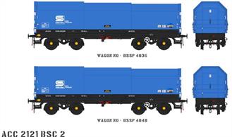 Two detailed models of the British Steel JSA covered steel coil carrier wagons with posable steel plate hoods.Pack BSC2 contains blue British Steel livery wagons numbers BSSP 4036 and BSSP 4048