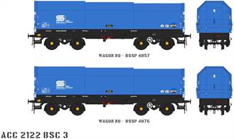 Two detailed models of the British Steel JSA covered steel coil carrier wagons with posable steel plate hoods.Pack BSC2 contains blue British Steel livery wagons numbers BSSP 4057 and BSSP 4076