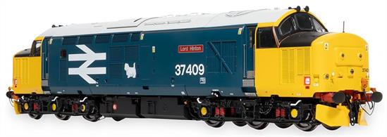 Highly detailed new model of the BR class 37 locomotives being produced in both original and refurbished form with headcode boxes, sealed beam headlights or new light cluster units as appropriate for each locomotive modelled.DRS owned refurbished and ETS fitted class 37/4 locomotive 37409 Lord Hinton finished in heritage BR large logo blue livery, carried 2010-2018