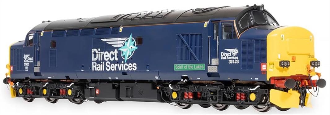 Highly detailed new model of the BR class 37 locomotives being produced in both original and refurbished form with headcode boxes, sealed beam headlights or new light cluster units as appropriate for each locomotive modelled.DRS owned refurbished and ETS equipped class 37/4 locomotive 37423 Spirit of the Lakes finished in DRS compass livery.