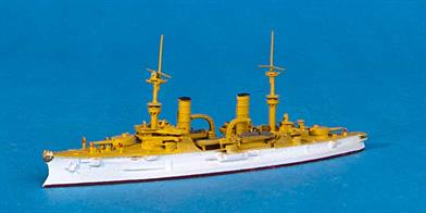 A 1/1250 scale model of SMS Fuerst Bismarck a German protected cruiser designed for overseas service made by Navis Neptun 35N. the model is in tropical livery for service with the East Asiatic Squadron based at Tsingtao.
