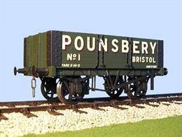 5 plank Gloucester open coal wagon kit with pre-printed sides to build a model of Bristol coal merchant Poundsbery wagon number 1.Poundsbery eventually ordered 4 wagons from the Gloucester RC&amp;W Co. though only number 1 built in 1896 was known to have carried the green livery, later wagons being recorded as painted black.