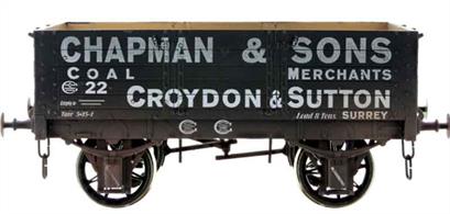 A new detailed model of a 5 plank open wagon following the RCH 1887 specifications and modelled from the production of the Gloucester Railway Carriage and Wagon Company finished as a wagon owned by Chapman &amp; Sons coal merchants.