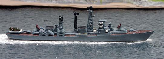 A 1/1250 scale second-hand waterline metal model of a Kashin-class a guided missile destroyer of the Soviet Union. The maker is unknown but may be HDS and the decks have been painted brown  see photograph.
