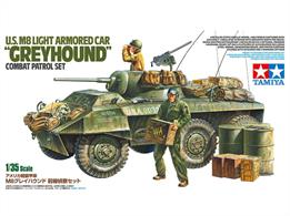 This is a limited-edition model assembly kit which pairs the popular M8 “Greyhound” armoured car kit (Item 35228) with existing Tamiya figure and accessories! The kit also includes a bonus sheet for creating new ration cartons. The kit is ideal for anyone creating a mini-diorama straight out of the box.