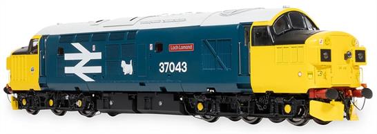 Highly detailed new model of the BR class 37 locomotives being produced in both original and refurbished form with headcode boxes, sealed beam headlights or new light cluster units as appropriate for each locomotive modelled.British Rail class 37/0 locomotive 37043 is modelled in mid 1980s large logo blue livery with large West Highland white terrier logo and single car type headlight, as running from Glasgow Eastfield shed on the West Highland line to Fort William and Mallaig.