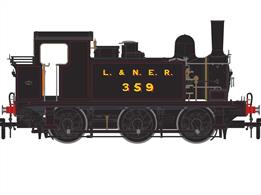 LNER J69 No. 359 came from an earlier batch of ten locomotives built at Stratford in 1892 and was rebuilt in 1904 into the R24r Class, gaining new safety valves, a new boiler design and 1180 gallon side tanks, but retaining the original narrow cab and coal bunker. No. 359 is portrayed in the earliest 1923 version of the LNER livery of Black with Red Lining, with fully shaded L&amp;NER initials.DCC sound fitted.