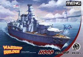 The Hood is one of the Warship Builder series plastic models. Thanks to the bold design, the famous war machine in real life has been transformed to a cute warship model. This kit includes light grey, dark grey and dark red parts. This model can be built in a quick and enjoyable way thanks to the press-fit assembly design and adhesive stickers.