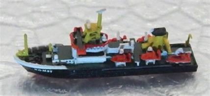 A 1/1250 scale metal waterline model of Komet the German survey vessel based in Hamburg and modelled in 2018 condition.