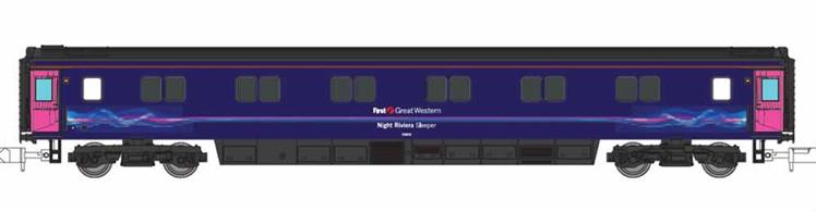 A new detailed model of the BR mk3 sleeper coaches built in the 1980s.Model finished in the First Great Western purple-blue dynamic lines livery with Night Riviera Sleeper branding.Release expected Autumn 2020