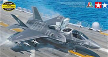 This model kit faithfully recreates the bleeding edge airframe of the F-35B Lightning II. The F-35 Lightning II is a state-of-the-art multirole stealth fighter developed by Lockheed Martin for the U.S. military and selected allies. The fighter has three variants: the multi-role fighter F-35A, the short take-off and vertical landing (STOVL) F-35B, and the carrier-capable F-35C. This 1/72 scale model was manufactured by Italeri in 2019 and now joins the Tamiya 1/72 scale War Bird Series with the addition of Tamiya materials and parts.