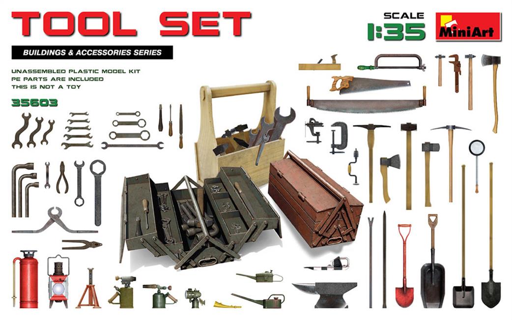 MiniArt 1/35 35603 Tool Set A Selection Of Ready To Assemble And Paint Tools For Diorama Builders