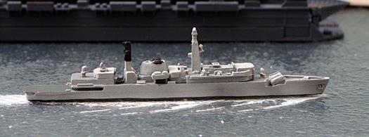 A 1/1250 scale second-hand model of HMS Brazen by Skytrex Triton R1042. This model has been assembled from a kit and the casting has a problem with slight mis-alignment between the upper and lower hull but the paint finish is good, see photograph.
