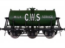A detailed model of the 6-wheel express milk tank wagons built from the 1930s for the conveyance of bulk milk from country dairies to the bottling and distribution centres in major cities.Model finished as CWS, the Co-Operative Wholesale Society or Co-Op, number 4409 with a green painted tank.