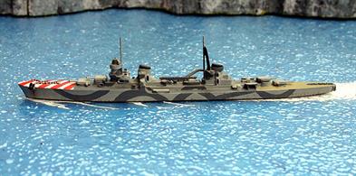 A 1/1200 scale second-hand waterline metal model of Duca D'Aosta in1941-43 camouflage pattern. The model has been finished on a casting made under licence in the United Kingdom by Clydeside of Superior Models of the sister-ship, Eugenio Da Savoia and is in very good condition, see photograph.