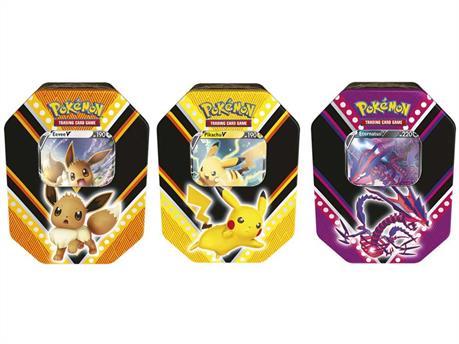 You will be sent one tin at random unless otherwise specified.In each tin you will find: 4 * Pokemon boosters1 * 1 of 3 foils (either Pikachu V, Eternatus V or Eevee V)