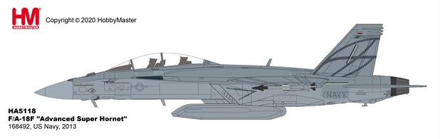 Hobby Master HA5118b 1/72nd F/A-18F Advanced Super Hornet 168492, US Navy, 2013 with center-line weapons pod three fuel tanks and a full weapons load