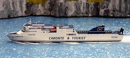 A 1/1250 scale waterline model of the ferry "Cartour" when operating for Caronte &amp; Tourist from approximately 2001-2007. The model is made by Rhenania Junior and was first made in 2020.