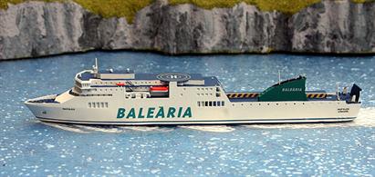 A 1/1250 scale waterline model of the Balearia Line ferry Napoles modelled by Rhenania Junior as she has looked since 2015, model number RJ342N.