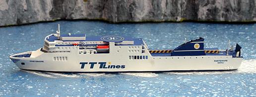 A 1/1250 scale waterline model of TTT Line ferry Partenope by Rhenania Junior RJ342P.