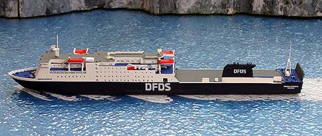 A 1/1250 scale model of Sirena Seaways in DFDS livery worn since July 2020  after the end of a contract with Brittany Ferries as Baie de Seine. This model is by Rhenania Junior RJ304C.