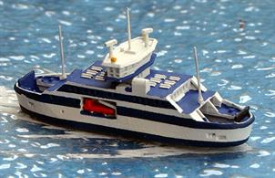 A 1/1250 scale waterline model of Uraniborg the double-ended ferry operating between Landskrona and Ven for the Swedish company Ven-Trafiken since 2012. The model is by Rhenania Junior RJ339.