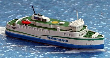 A 1/1250 scale waterline model of a new passenger and cargo vessel Herjolfur in sevice around Iceland since 2019. This model has been made by Rhenania Junior Miniaturen RJ346.