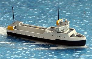 A 1/1250 scale waterline model of Ellen, a small ferry serving islands south of Fyn, Denmark since 2019. This model is made by Rhenania Junior Miniaturen, RJ345.