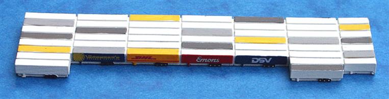A 1/1250scale lorry trailer deck load for "Flensburg II" class Ro-Ro ship models by Rhenania Junior. The ship models have numbers in the RJ314 range and these lorry trailers are numbered RJ314Z