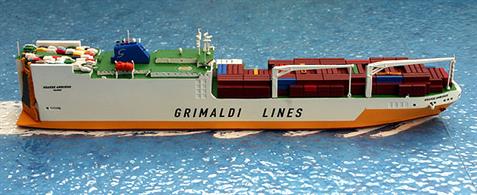 A 1/1250 scale model deck load for the Grimaldi Line Grande Amburgo class Ro-Ro container vessels by Rhenania Rhe186Z. The deck loads are designed to fit on the open decks, see photograph. The ship model is not included in the price but can be purchased from Antics, see Rhe186A-E &amp;/or  Rhe AD-ED models.