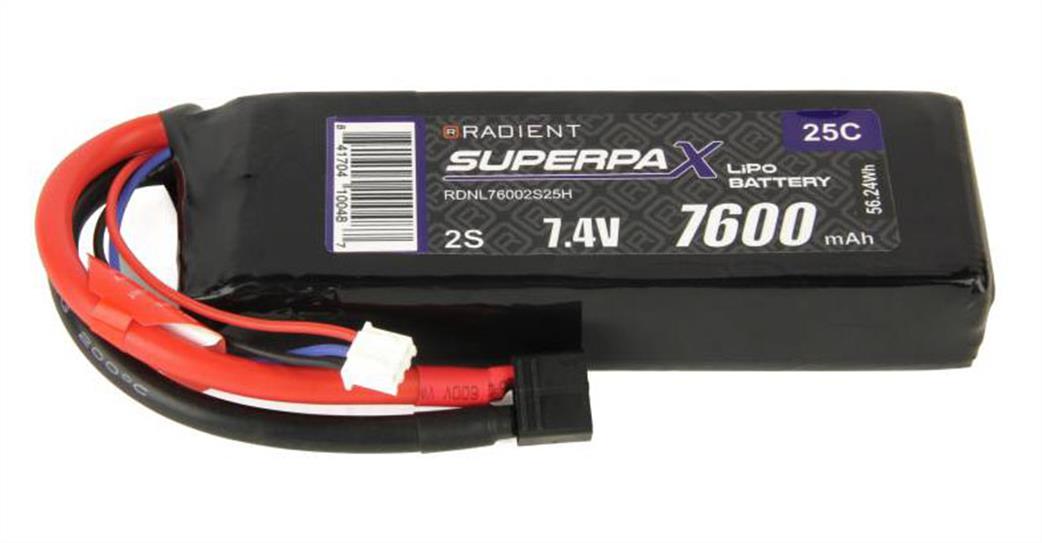 Radient  RDNL76002S25H 2 Cell 7.4v  Lipo 7600Mah 25C Rated Deans Connector