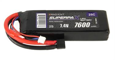 A powerful,  2S Radient Superpax LiPo with a whopping 7600mAh capacity, 25C discharge rate and common HCT connector 