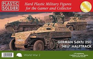 Particularly suited for dirama or wargaming use, the box contains kits for three German WW2 SdKfz 250 Neu halftracks each with 8 crew figures.Additional parts are supplied to allow the models to be built as SdKfz 250/7 mortar carrier, SdKfz 250/8 Stummel, SdKfz 250/9 recce, SdKfz 250/10 Pak 36 with stielgranate. Construction is fairly straight forward but is down to the builder as there are no instructions.  
