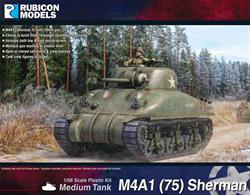 This kit builds a M4A1 Sherman tank fitted with the short barlel 75mm gun.Optional parts allow the model to be built as a Direct Vision (DV) or Small hatch (SH) version with a choice of low or high bustle turret and multiple gun manlet options. Open or closed hatches can be fitted and tank crew figures are supplied.