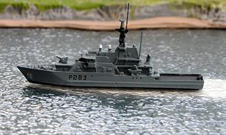 A 1/1250 scale waterline model of HMS Mersey, a Batch 1 River-class patrol boat by Albatros SM Alk307C