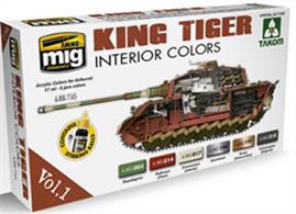 This set includes the necessary and accurate colors to paint the interior of a King Tiger. From the Cremeweiss color for the fighting compartment to the green of transmission and gearboxes through to the engine colors. Although the set is a special edition for Takom’s King Tiger, it serves to paint any other King Tiger and many other German tanks during the end of the war. All 6 jars are acrylic and formulated for maximum performance both with brush and airbrush. The Scale Reduction-Effect will allow us to apply the correct color on our models. Water soluble, odorless, and non-toxic. Shake well before each use. Each jar includes a stainless steel agitator to facilitate mixture. We recommend A.MIG -2000 Acrylic Thinner for correct thinning. Dries completely in 24 hours.