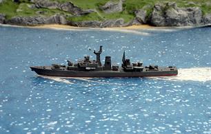 A 1/1250 scale second-hand model of JMSDF Yamagumo of 1966 by Delphin D99. This model has replacement gun turrets, detailed additions and a complete re-paint, see photograph.