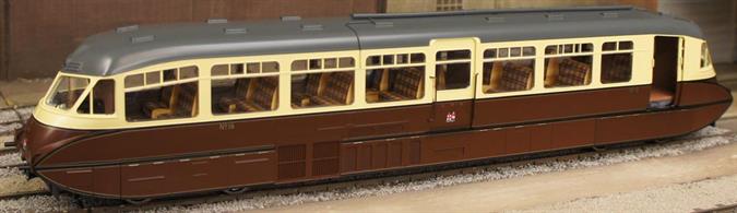 Highly detailed model of the GWR streamlined express railcars from the 1936 batch, numbers 8-17, built by the Gloucester RCW.This model is finished in later, post WW2 GWR chocolate &amp; cream livery with twin cities crests.DCC Sound model fitted with ESU decoder with LegomanBiffo GWR railcar sound files.Decorated Prototype Sample of 7D-011-002 Shown For Illustration Only