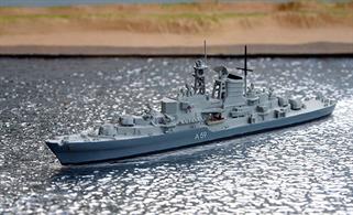 A 1/1250 scale second-hand model of the German training ship Deutschland A59 by Albatros Alk6. This model is in excellent condition and is finished in two-tone grey with decasl for A59 in white on both sides, see photograph.