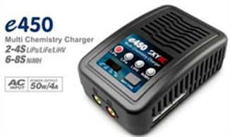 SkyRC e450 Charger is an economic, high-quality 100-240V AC balance charger, designed for charging LiPo, LiFe and LiHV batteries from 2-4 cells in balance mode. It can also charge 6-8S NiMH batteries. The circuit power is 50W and max charge current can reach to 4A. 