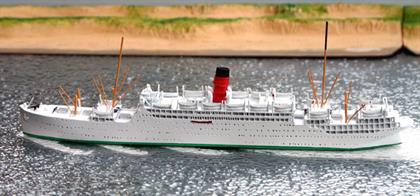 A 1/1250 scale waterline model of the Cunard Liner Carinthia in cruising livery from 1935-39 by CM Miniaturen CM441.