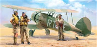 The set includes 135 parts for assembly of Gloster Gladiator Mk.I fighter model kit and 30 parts for assembly of 3 figures of British pilots in tropical uniform.