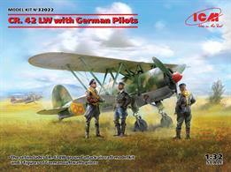 The set includes 196 parts for assembly of CR. 42 LW ground attack aircraft model kit and 29 parts for assembly of 3 figures of German Luftwaffe pilots.