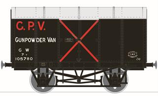 A detailed scale length model of GWR diagram Z4 gunpowder van 105708 finished black livery with red GPV lettering and warning cross.These steel bodied box vans were specially built for the secure conveyance of commercial explosives and military stores. This model by Rapido Trains replicates the later RCH standard gunpowder van based on the GWRs diagram Z4 design built by the big four railway companies in the late 1930s / WW2 era and by British Railways after nationalisation.Model with lettering from the 1930s. Era 3.
