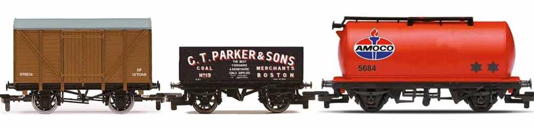 Hornby R60048 Railroad Triple Wagon Pack, Mixed Wagons with Box Van - Era 3 OO