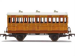 This four-wheeled coach is a representation of the many coaches which served on the Isle of Wight Central Railway in the 19th and 20th centuries. Four-wheeled coaches proved especially good at branch line work where their small size enabled the traversing of tight radius curves, whilst lower passenger numbers meant their small size was more acceptable and enabled trains to be hauled by smaller engines.This third-class coach is modelled with step boards to enable access at stations with low platforms and gas lighting. This model is compatible with our new Maglight system which allows coach lights to be turned on and off using a magnetic wand, removing the need for track pick-ups which increase rolling resistance. This coach features a teak-wood panelling livery and five doors on each side.