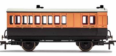 This four wheeled coach is a representation of the many which served on the London and South Western Railway (LSWR) in the late 19th and early 20th century. Four wheeled coaches proved especially good at branch line work where their small size enabled the traversing of tight radius curves, whilst lower passenger numbers meant their small size was more acceptable and enabled trains to be hauled by smaller engines. This LSWR coach is modelled as having step boards to enable access at stations with low platforms and oil lamp lighting.This model also features our new Maglight system which allows coach lights to be turned on and off using a magnetic wand, removing the need for track pick-ups which would increase rolling resistance.
