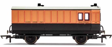This four wheeled coach is a representation of the many which served on the London and South Western Railway (LSWR) in the late 19th and early 20th century. Four wheeled coaches proved especially good at branch line work where their small size enabled the traversing of tight radius curves, whilst lower passenger numbers meant their small size was more acceptable and enabled trains to be hauled by smaller engines.This LSWR coach is modelled as having step boards to enable access at stations with low platforms and oil lamp lighting.
