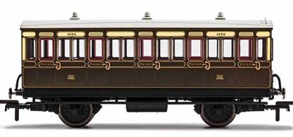 This four wheeled coach is a representation of the hundreds which served on the GWR from the Victorian era onwards. Four wheeled coaches proved especially good at branch line work where their small size enabled the traversing of tight radius curves, whilst lower passenger numbers meant their small size was more acceptable and enabled trains to be hauled by smaller engines.This GWR coach is modelled as having step boards to enable access at stations with low platforms and gas lighting.