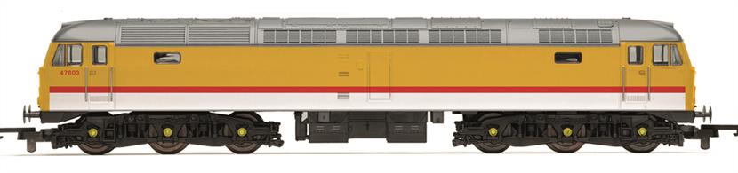 Model of BR locomotive 47803 finished in BR infrastructure livery.During the mid-s980s British Rail allocated locomotives to business sectors and 47803 was assigned to the infrastructure sector, serving the engineering departments and at that time installing new high speed high capacity communications networks along Britains major rail routes. The capacity of these networks could then be sold to commercial telecommunications service providers.Being primarily for engineering service 47803 was painted in the high-visibility engineering yellow livery.